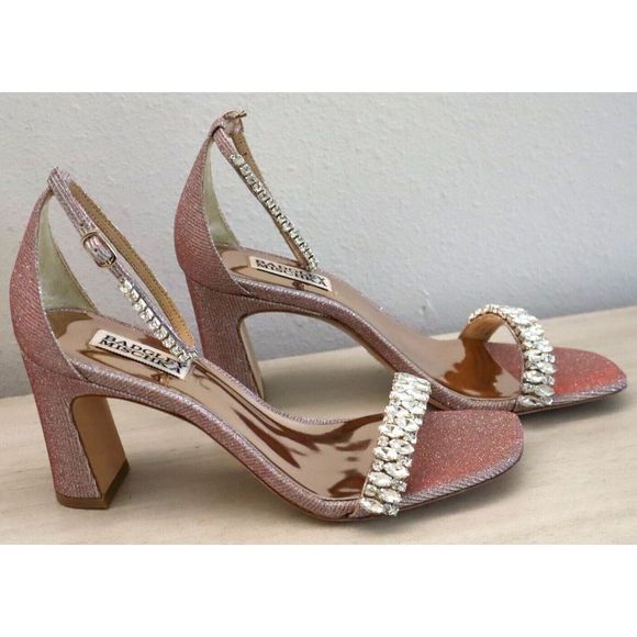 Badgley Mischka Sz 8 Rose Pink Harriet Embellished Open Toe Block Heels $235 - Picture 5 of 7